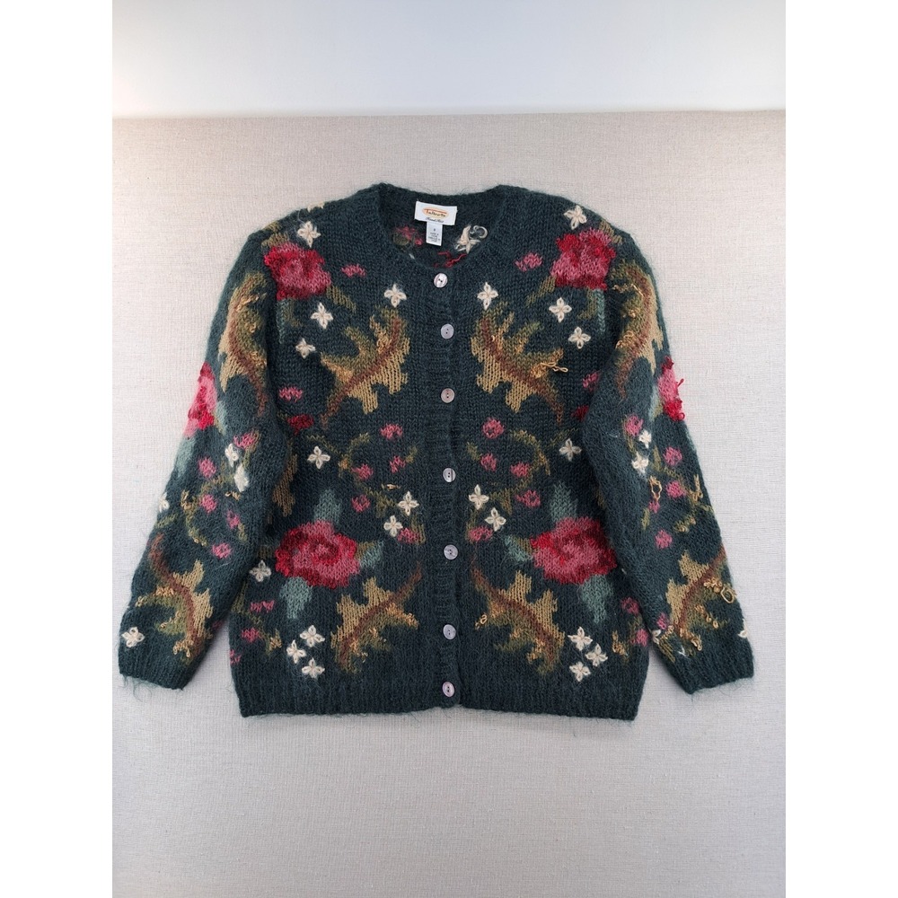 Vintage Talbots Hand Knit Mohair Sweater Cardigan Womens Small Green Floral Flaw
